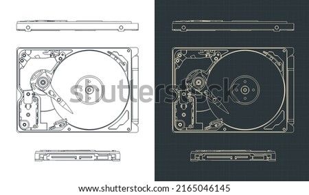 Stylized vector illustration of blueprints of hard disk drive
