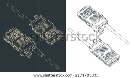 Stylized vector illustrations of isometric blueprints of walkie-talkie