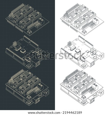 Stylized vector illustration of isometric blueprints of Arduino Uno and CNC shield