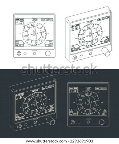 Stylized vector illustration of blueprints of aircraft navigation system