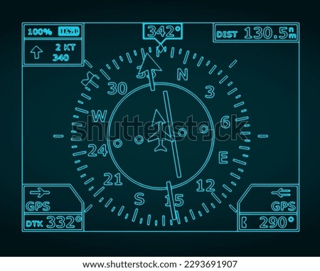 Stylized vector illustration of blueprint of aircraft navigation system