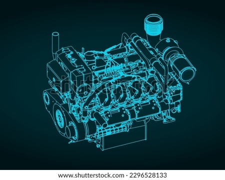 Stylized vector illustration of blueprint of heavy duty marine diesel engine