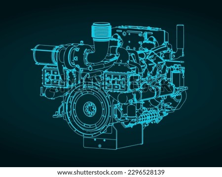 Stylized vector illustration of isometric blueprint of heavy duty marine diesel engine