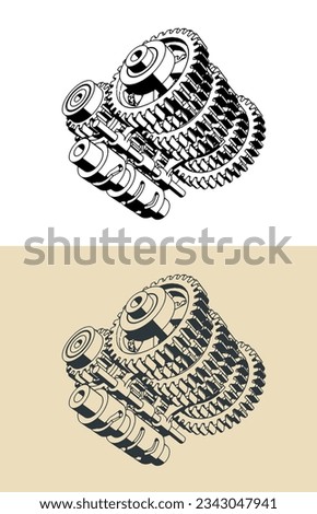 Stylized vector illustration of sequential transmission gearbox