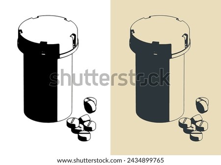 Stylized vector illustrations of a pill jar