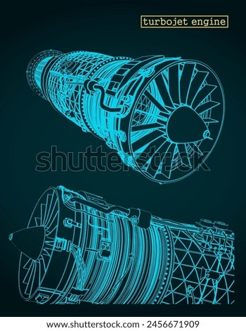 Stylized vector illustration of drawings of a turbojet engine