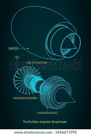 Stylized vector illustration of drawings of a jet engine compressor