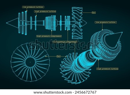 Stylized vector illustration of drawings of a jet engine compressor