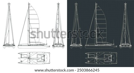 Stylized vector illustrations of technical drawings of a large sailing catamaran