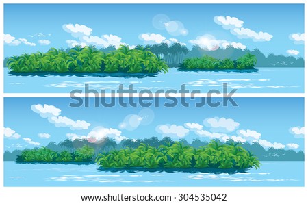 Two variants seamless horizontal illustration on the theme of nature, jungle, travel and adventure