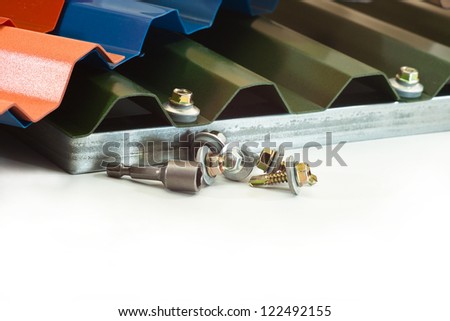 Polycarbonate roof of blue, green, brown on iron structures and screws for fastening