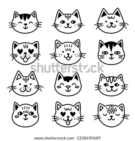 Doodle sketch icon with cute black outline simple cat faces set for design. Hand drawn style. Funny vector illustration.