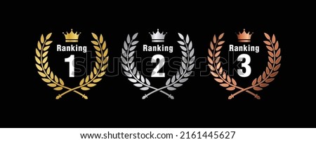 Ranking one gold, silver, and bronze laurel vector medals set, isolated, ranking two crown emblem, ranking three, number one laurel icon set in white background