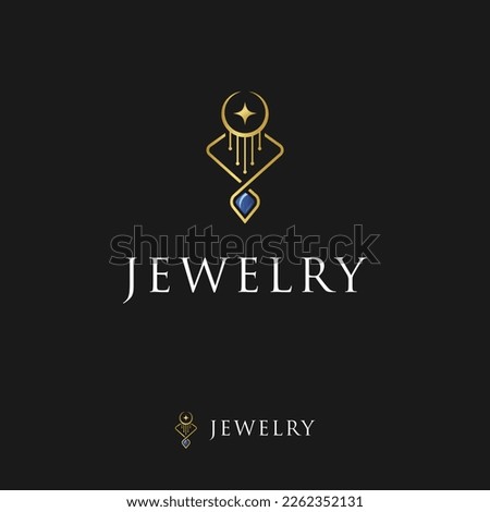 Luxury Jewelry logo, blue sapphire pendant and gold necklace icon logo design, vector graphic of gold earrings with a star in the center