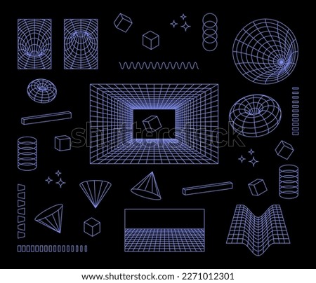 Set 3D wireframe futuristic perspective gride elements vector design in neon blue color
