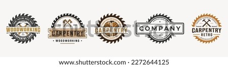 Carpentry logo set with circular saw blade vector illustration with hammer, nails, sawblade, sawmill, axe, and wood cutting vector