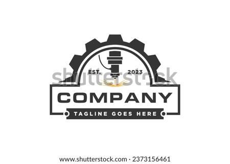 Laser cutting logo emblem with gear icon vector silhouette. Cnc machine logo vector isolated