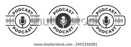 Podcast logo icon microphone vector design waveform set isolated. Podcast logos emblem circle with audio sound wave icons in black color