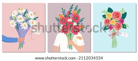 Similar – Image, Stock Photo Hand holding bouquet of pink and white flowerson wooden table at flower shop. Floristics and selling flowers small business. Pink fresh spring floral background with copy space on light gray background.