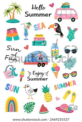 Hello Summer collection. Vector illustration of colorful funny cute doodle summer symbols, such as flamingo, ice cream, palm tree, flowers, cactus. isolated on white background