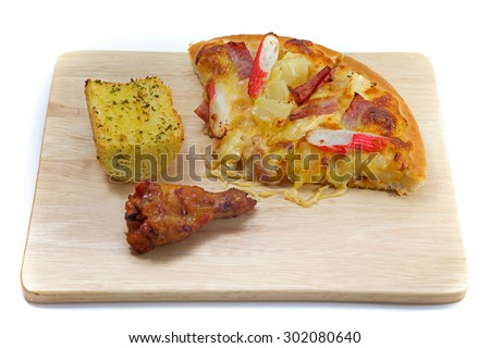 fried chicken and pizza  on wood plate white back ground, Hot Meat Dishes