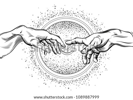 God and Adams hands. Modern vector illustration. The Creation of Adam. Philosophy of the Universe and religious motives. Artwork is great for any design industries: print, tattoos, textiles and etc.