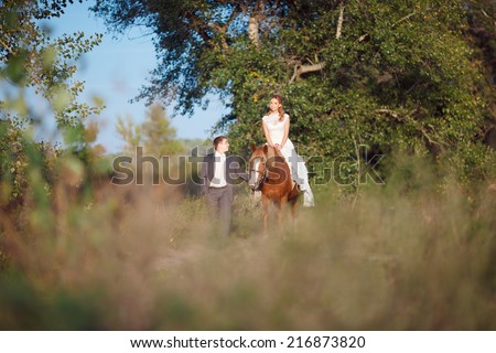 Bride and groom, wedding love story. Happy newlyweds embracing each other, walk in the park in the open air, Horseback riding. Newly married man, woman sitting in the sun, walking around their horse.