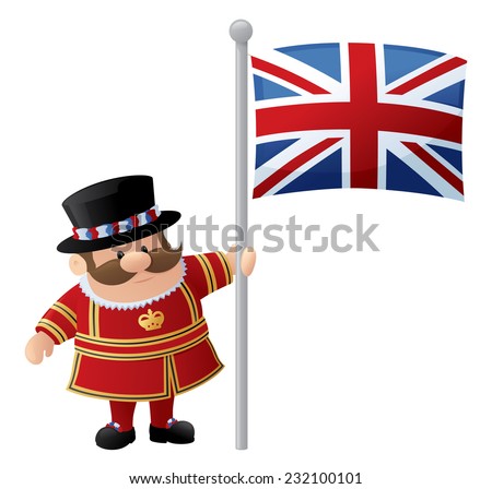 Tower of London Guard or Beefeater holds Union Jack.