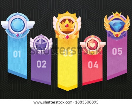 Set of Game ui rating Badges for Game  Winners.Game Golden, Silver, Bronze Medal. Vector Illustration, Vector round assets for game design.Award vector illustration.