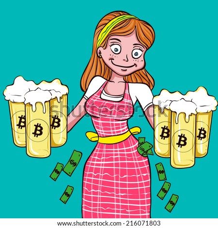 Illustration of a waitress handing out beer jugs with the Bitcoin symbol on them