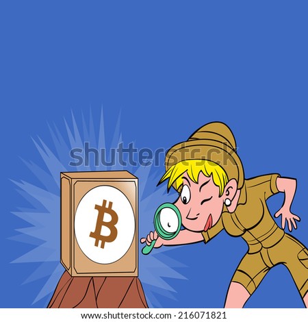 Illustration of a block explorer. A woman with a magnifying glass examining a Bitcoin block