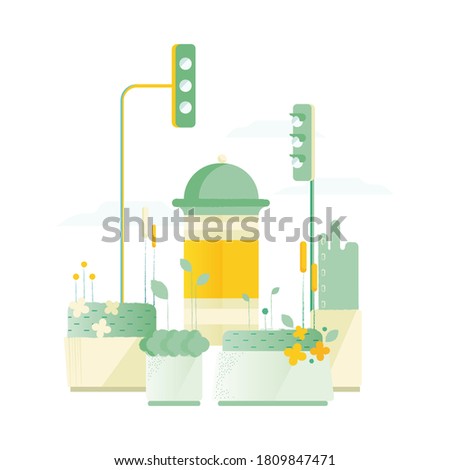 City View with Poster Stand, Flower and Plant Constructions and Traffic Lights. Land Area with Green Grass. Open Air. Cute City Landscape Concept.