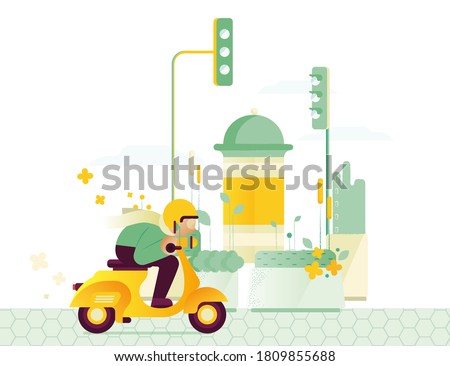 Male on a Vintage Moto Bike on Background with City View with Poster Stand, Flower and Plant Constructions and Traffic Lights. Land Area with Green Grass. Open Air. Cute City Landscape Concept.