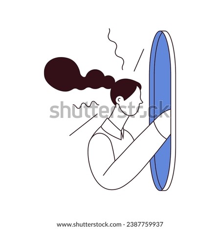 Inner monologue. Young woman approaching her hand into mirror. Mental health problems. Black and white modern flat vector illustration