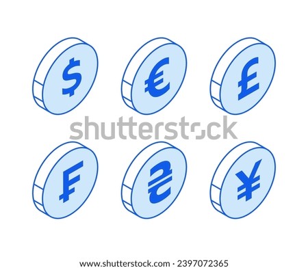 Isometric round shape icons in outline. Modern flat vector Illustration. Dollar, Euro, Great Britain pound, Frank,Ukrainian Hryvnia, Japanese Yen currencies symbol. Social media marketing icon.