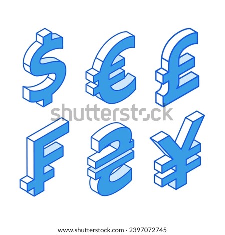 Isometric icons in outline. Modern flat vector Illustration. Dollar, Euro, Great Britain pound, Frank,Ukrainian Hryvnia, Japanese Yen currencies symbol. Social media marketing icons.