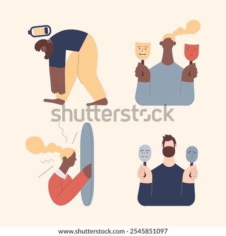 Collection of mental disorder cartoons. Apathy, Mood disorder, Inner monologue. Modern flat vector illustration