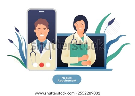 Medical Insurance. Modern Flat Vector Illustration of Doctors on a Screen of Smartphone and Laptop on Abstract Background. Medical Appointment Through Device Concept.