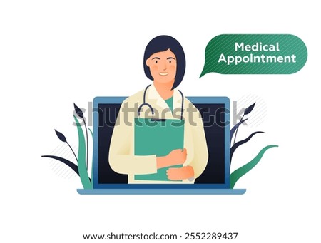 Medical Insurance. Modern Flat Vector Illustration of Female of Doctor on a Screen of Laptop. Medical Appointment Online Through Device Concept.