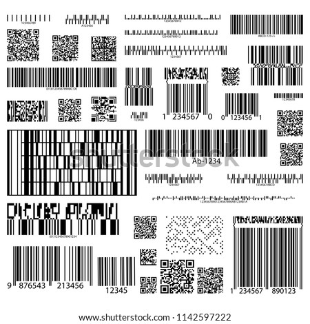 Set of isolated barcodes for information, product tracking, item identification and marketing, hyperlinks. Code for digital identification. Cellular scanning technology for web, computer links. Vector