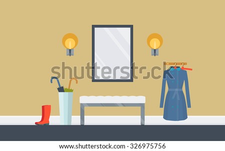 Illustration of modern hallway with banquette, mirror. Creative concept interior with classic furniture . Flat design, minimalist style. Vector illustrator - 10 EPS - for your project 