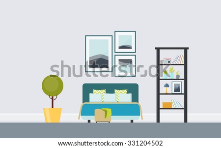 Retro bedroom with upholstered double bed, vintage ladder,  triptych. Creative concept interior with modern furniture. Flat design, minimalist style. Vector illustration - 10 EPS, design elements 