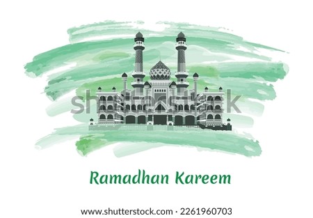 Ramadhan Kareem Greeting Welcome the Holy Month of Ramadhan with Masjid Agung Jamik Malang Vector illustration, Isolated on Green Artistic Watercolor Painting Brush Background.