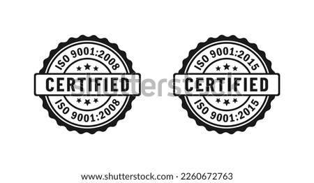 ISO 9001:2015 label or ISO 9001:2008 stamp vector on white background. ISO 9001:2015 Seal vector. The International Organization for Standardization. Best certified ISO 9001:2008.