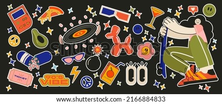 Retro 70s, 80s, 90s hippie stickers, psychedelic acid elements. with emo characters, retro girls. Funky cartoon vinyl records, flowers, gamepad, vintage set of hippie style vector elements.