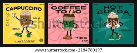 Retro poster style coffee drink cartoon characters, funny colorful doodle style characters, cappuccino, cocoa, latte, espresso. Vector illustration with typography elements