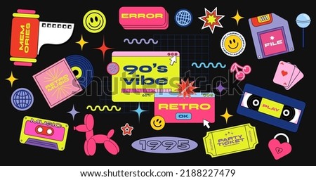 Retro 70s, 80s, 90s hippie stickers, psychedelic acid elements. Funky cartoon cassettes, vinyl, smile, record, music, film photo stock vintage set of groove style vector elements.