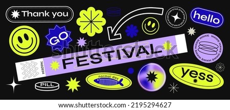 Collection of various patches, labels, tags, stickers, brands of bracelets for the festival. thanks, hi, yes. funky hipster retrowave stickers with 90s style. Vector set, trendy promo labels