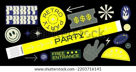 collection of various patches, labels, tags, stickers, bracelet brands for a disco party. vinyl, smile, free entrance, music. Funky hipster stickers in 90s style. Vector set, trendy promo labels