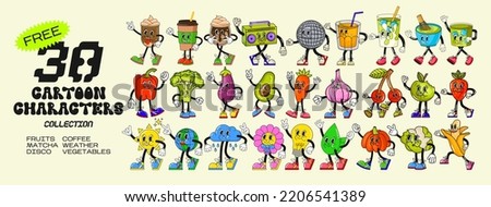 Big set retro cartoon stickers with funny comic characters, gloved hands. Modern illustration with cute comics characters. Hand drawn doodles of comic characters. Set in modern cartoon style